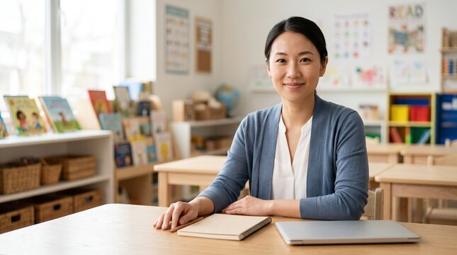 Portrait of a smiling Asian preschool teacher sitting at a desk in a bright kindergarten classroom. Early childhood education and childcare concept