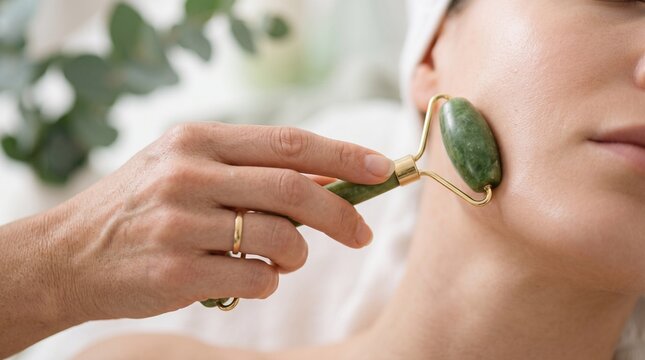 Close up of a woman doing facial massage with a green jade roller. Skincare routine, beauty, and spa self-care concep