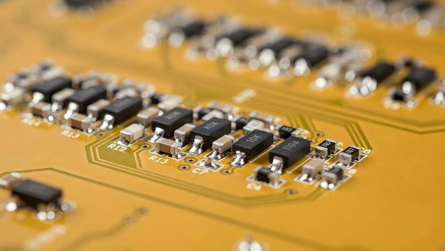 Close-up of Electronic Components on a Yellow Circuit Board