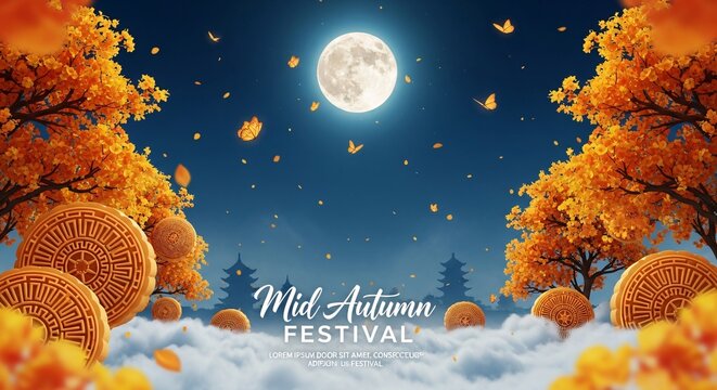 Vibrant mid autumn festival scene with mooncakes and orange trees under a full moon
