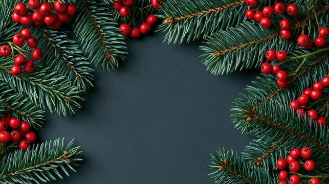 Christmas Evergreen Frame with Red Berries Border