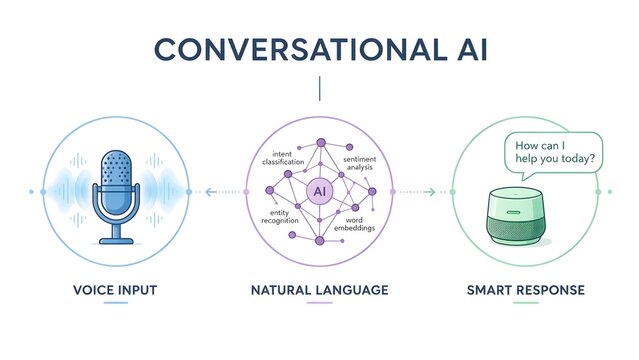 Business Infographic Template about Conversational AI, 3 Steps Flat Line Art Vector Illustration