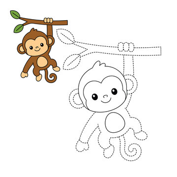 Cute Monkey Trace and Color Worksheet for Kids Preschool Activity
