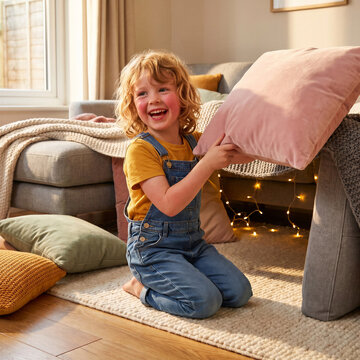 Happy little child building pillow fort in cozy living room. Joyful playtime and childhood imagination, fun indoor game and family home comfort concept