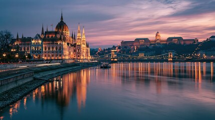 Naklejka premium Parliament Buildings Reflections On Danube River Dusk