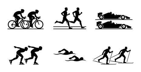 Fototapeta premium Diverse Sports Icons: Cycling, Running, Racing Cars, Skating, Swimming, Skiing Vector Set