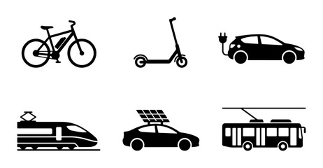 Fototapeta premium Electric Transport Icons: Bicycle, Scooter, Car, Train, Solar Car, Bus, Vector Graphics