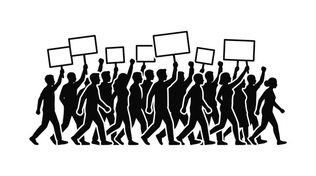 Black silhouette of a crowd of people protesting with blank signs isolated on white background.