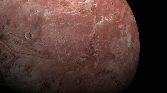 Close up view of a red rocky dwarf planet rotating in deep space