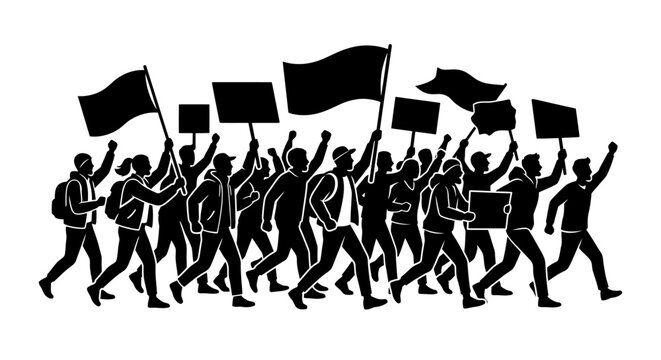 Silhouette illustration of a crowd of people protesting with flags and signs.