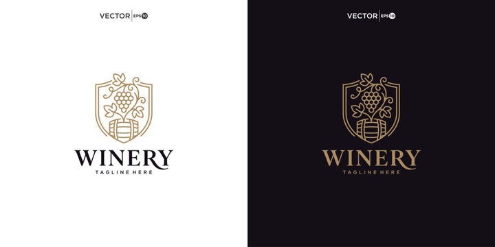 Winery luxury crest logo design featuring grape vine and barrel illustration