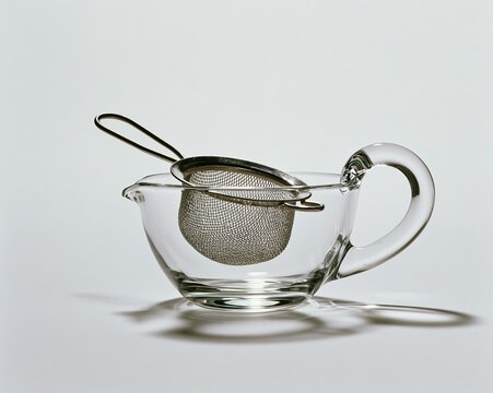 Clear glass teacup with metal mesh strainer, handle on left side.