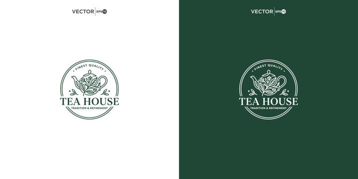 Vintage tea house logo design with teapot emblem and typography