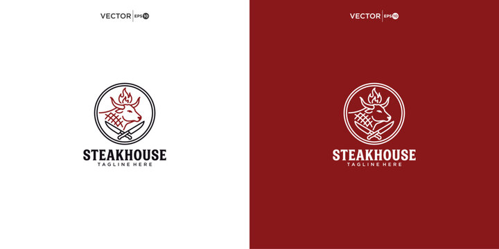 Rustic steakhouse logo design with steer head and typography