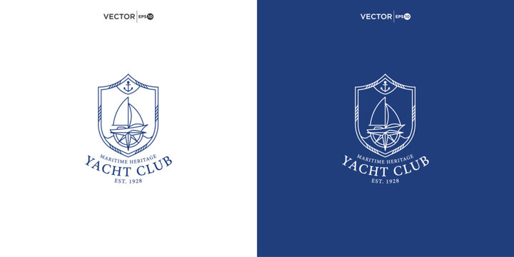 Classic yacht club logo design with shield and sailboat emblem