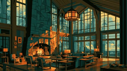 Fototapeta premium This scene features a welcoming lodge interior with a fireplace, wooden beams, and large windows. The atmosphere feels warm and inviting.