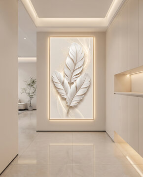 Modern hallway interior featuring large white feather wall art sculpture modern corridor interior architecture luxury hallway decorative sculpture contemporary home illuminated art corridor