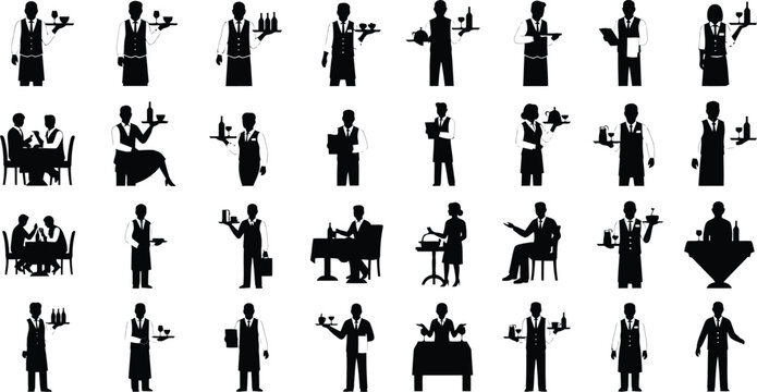 Waiter silhouette icons set, restaurant staff and server vector collection, catering service workers in black and white