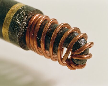 Close-up of a copper coil wrapped around a black cylindrical object, revealing frayed fibers.