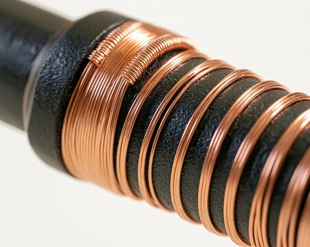 Close-up of intricately wrapped copper wires on a black cylindrical object.