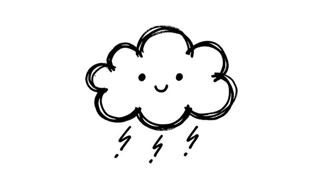 Hand-drawn smiling cartoon flower with rain drops isolated on transparent background