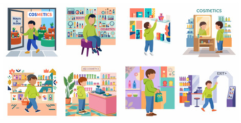 Fototapeta premium Set of flat vector illustrations depicting a young boy's shopping journey in a cosmetics and beauty shop, from entering to buying products