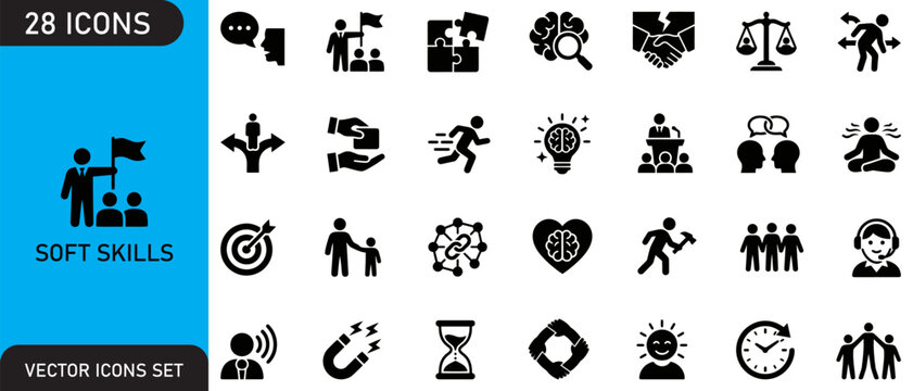 A high quality collection featuring a 28 minimalist black fill icons vector set for professional business and marketing designs