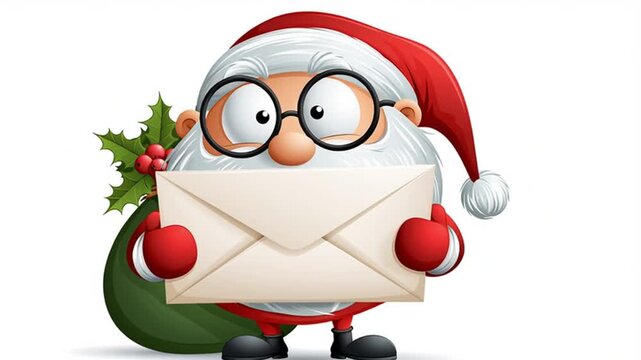 Cute cartoon adorable Santa with an envelope, on a white background. Christmas flat design. Christmas animation.