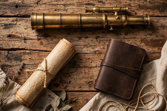 Telescope Scroll Leather Journal Nostalgic Still Life