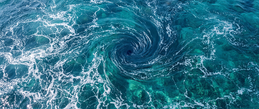 Whirlpool vortex in turquoise sea water with swirling ocean current, white foam, and deep underwater funnel, suitable for marine ecology, nature power, and oceanography themes