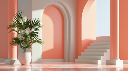 Fototapeta premium Minimalist 3D render of a peach colored arch hallway with stairs