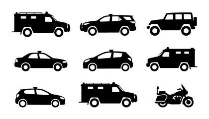Security Vehicle Icons: Armored Cars, Police SUVs, Motorcycles, Black Silhouettes © Indrani
