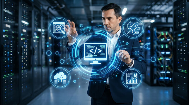 Man Interacting With Illuminated Computer Monitor And Associated Circular Icons In Data Center