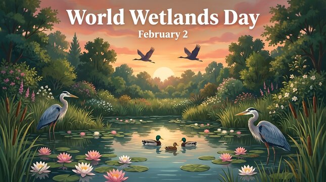 Vibrant wetlands scene with birds and water lilies celebrating world wetlands day at sunrise