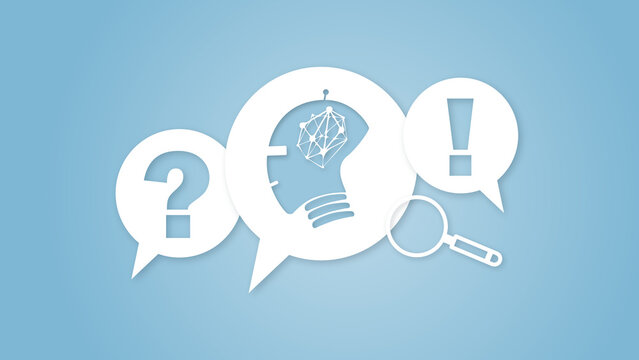 AI concept graphic featuring a digital brain within a lightbulb silhouette, combined with FAQ, exclamation marks, and a magnifying glass on a blue background representing data search