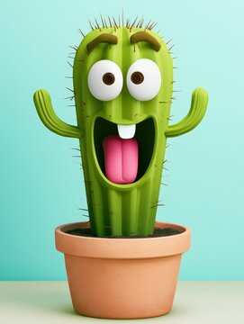 3D cartoon cactus character with a funny face in a terracotta pot on a blue background