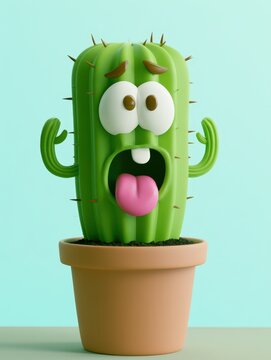 Funny 3D cartoon cactus character with a silly expression in a terracotta flower pot