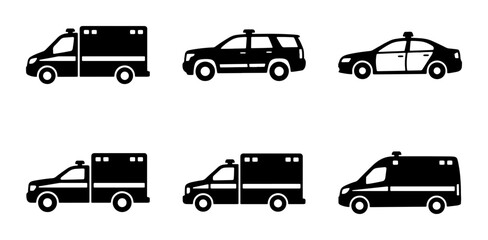 Emergency Vehicle Icons Set: Ambulance, Police Car, SUV, Medical Transport Vector Graphics © Ridhi