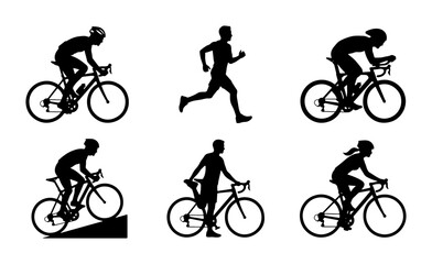 Naklejka premium Cycling and Running Silhouettes: Athletes in Motion, Sports Icons, Vector Set