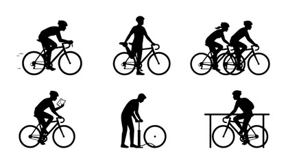 Naklejka premium Cycling Silhouettes: Diverse Riders, Actions, and Bicycle Scenes, Vector Icons Set