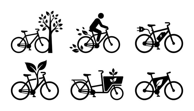 Eco-friendly bicycle icons, electric bike and cycling symbols, green transport vector set