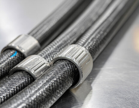 close-up of braided carbon fiber composite tubes and flexible industrial hoses with metal ring connectors in a modern technical manufacturing setting