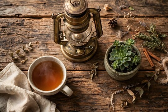 Tea Time Still Life With Lantern And Potted Plant