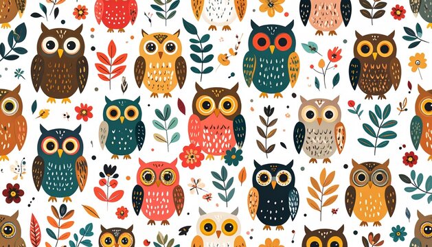 Cute Cartoon Owl Batik Pattern with Floral and Leaf Motifs