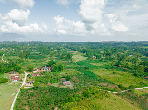 Aerial drone view of greenery countryside scenery in Salaon Dolok, Samosir Island, Indonesia