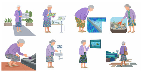 Fototapeta premium Senior woman visiting aquarium and marine education center flat vector illustration character set