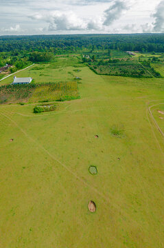 Aerial drone view of greenery grassland in Salaon Dolok, Samosir Island, Indonesia