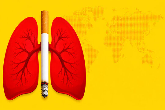 Human lungs and lit cigarette illustration against a yellow world map backdrop