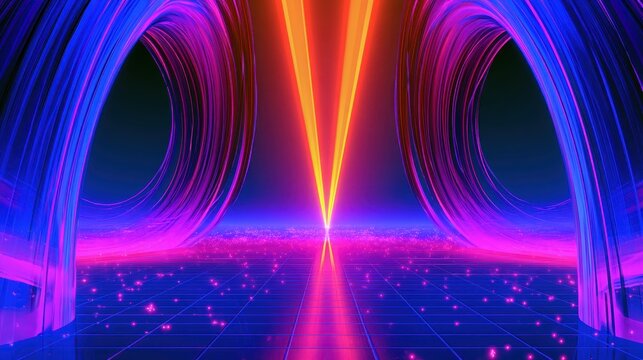 Abstract neon tunnel with glowing orange light beams and blue purple digital architecture