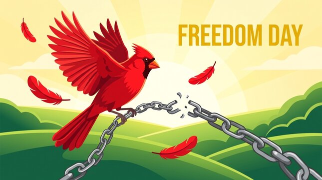 Red cardinal bird breaking free from chain on green background